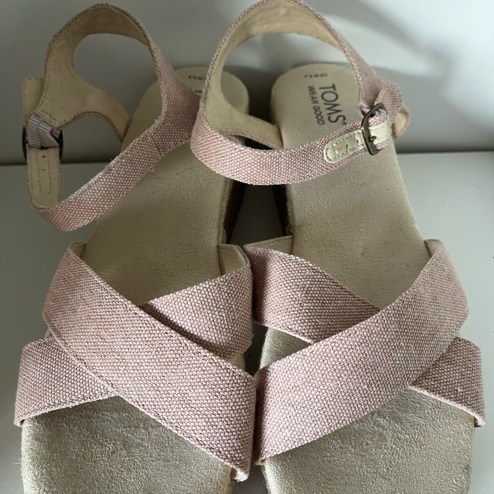 Toms Candice Strappy Cork Platform Sandal Wedge Peach Whip Chambray Canvas 9.5 - Picture 9 of 10